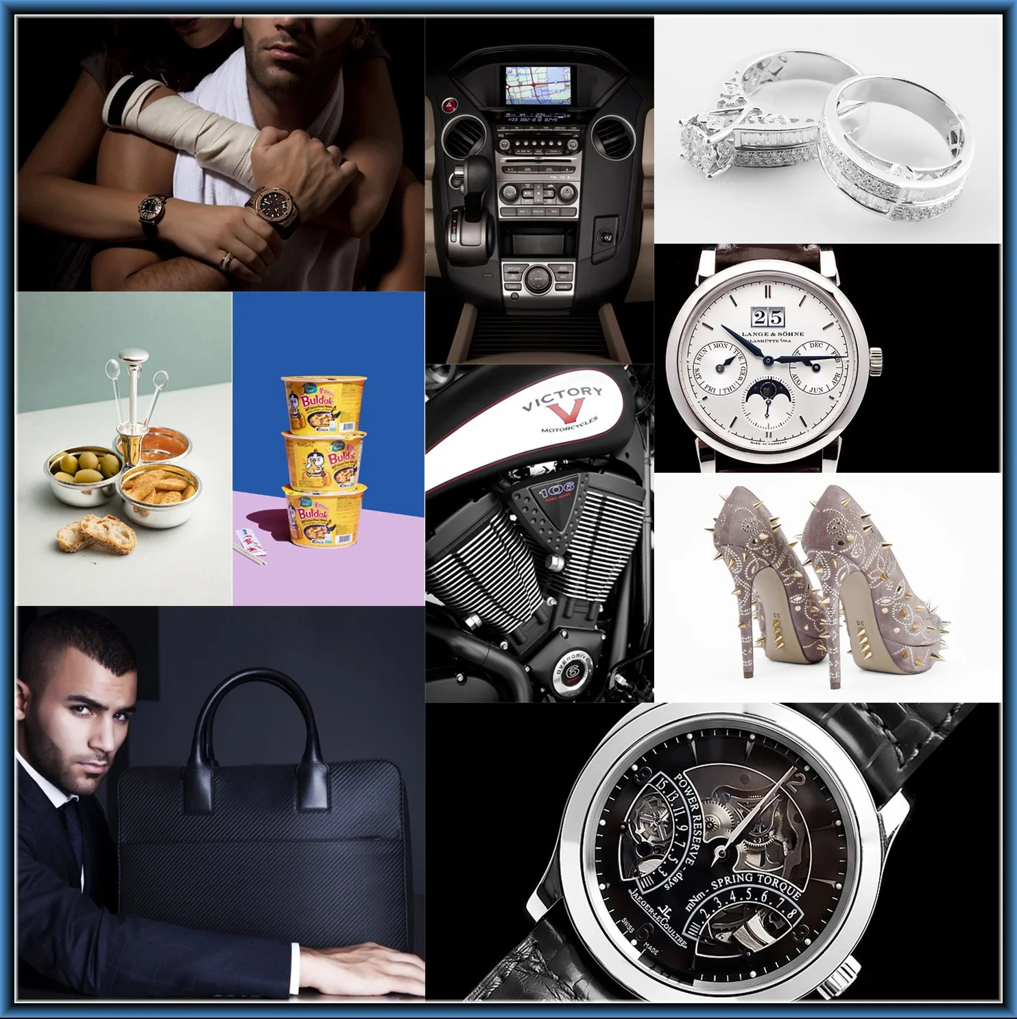 Collage of luxury and lifestyle items including watches, rings, a motorcycle, a designer bag, an artisan pair of high heels, snacks and drinks, a music player, and a man and woman showcasing accessories.