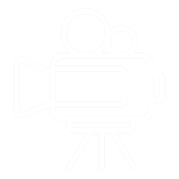 Outline of a video camera with a person behind it, set against a black background.