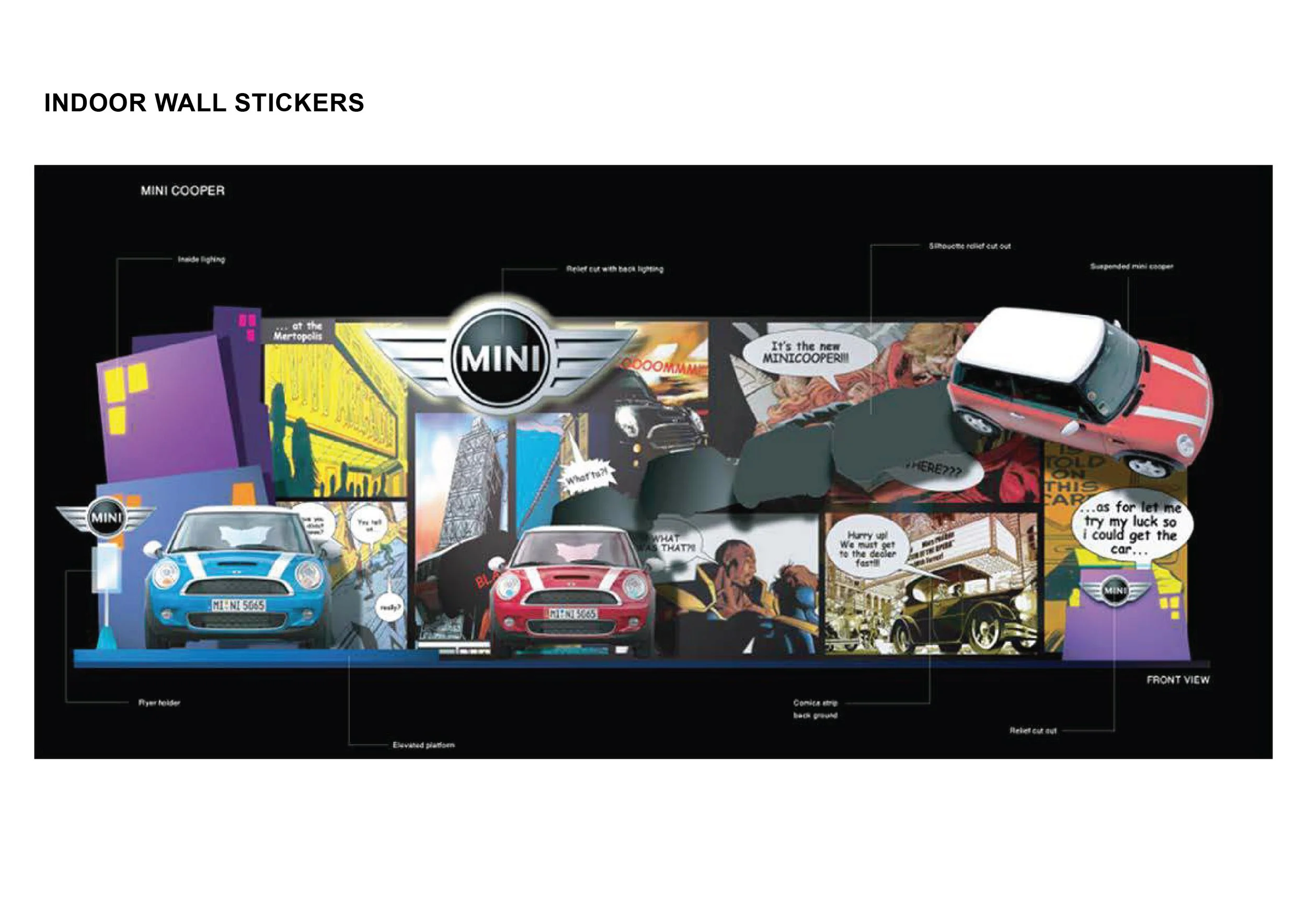 A mural featuring comic-style illustrations of Mini Cooper cars, city scenes, and speech bubbles, with detailed labels describing various design elements like inside lighting, elevated platform, comic strip background, and relief cut outs.
