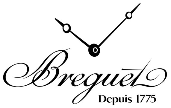 A Breguet logo with stylized text and a clock face showing the time, along with the text 'Depuis 1775'.