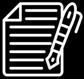 Icon of a sheet of paper with writing lines and a pen