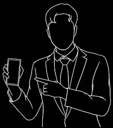 Line drawing of a man in a suit holding a phone and pointing with his other hand