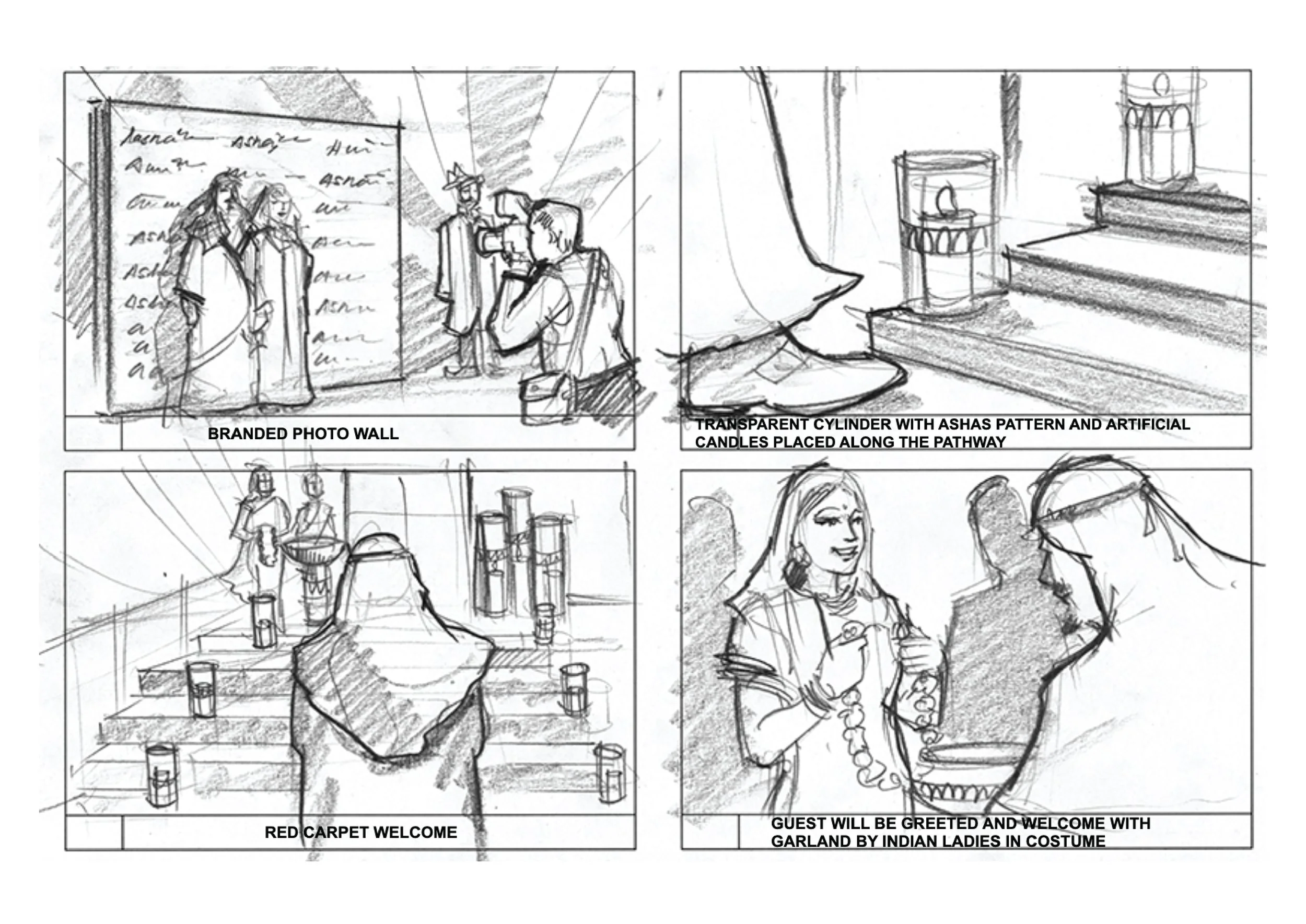 A four-panel sketch depicting a welcoming event. The first panel shows a braded photo wall with two women posing for a photo and a man taking the picture. The second panel has a transparent cylinder with ashes and artificial candles along a pathway. The third panel features a person from behind standing on a red carpet at the entrance, with candle holders lining the path. The fourth panel shows a woman in traditional attire greeting a guest with a garland, while a man stands beside her.