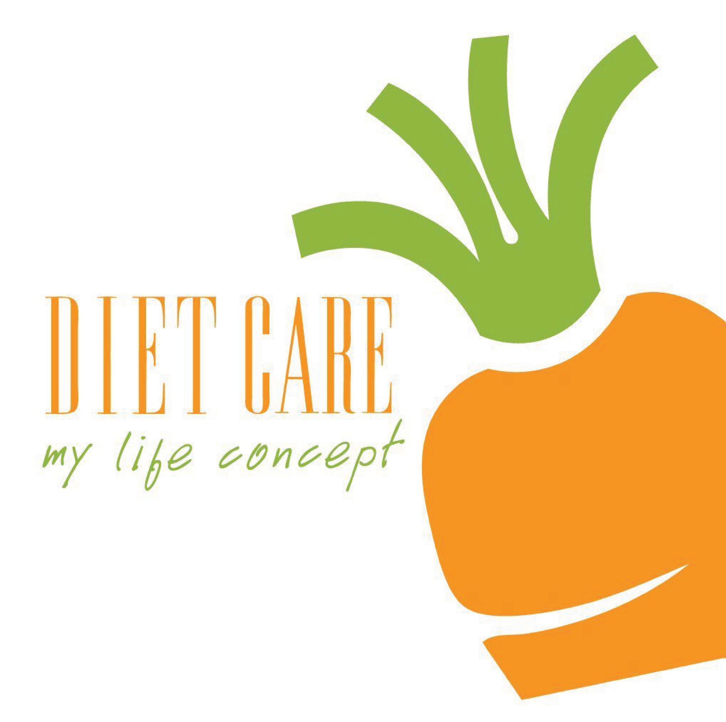 Logo for diet care, featuring a stylized orange carrot with green leafy top and the text 'Diet Care my life concept' in orange and green fonts.