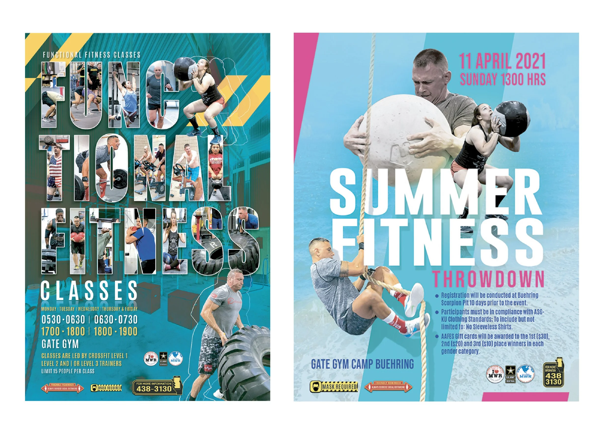 Two posters advertising fitness classes. The left poster features a collage of images of people engaged in various fitness activities, with the words 'Functional Fitness Classes' and details about the schedule and location. The right poster promotes 