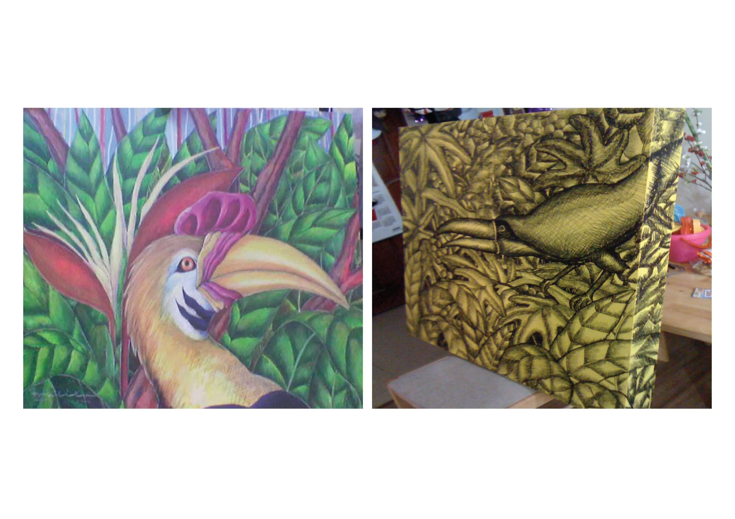 Left side: colorful painting of a toucan with a large beak, surrounded by green and purple foliage. Right side: yellow and black patterned chair with leaf motif, possibly made of fabric or upholstery.