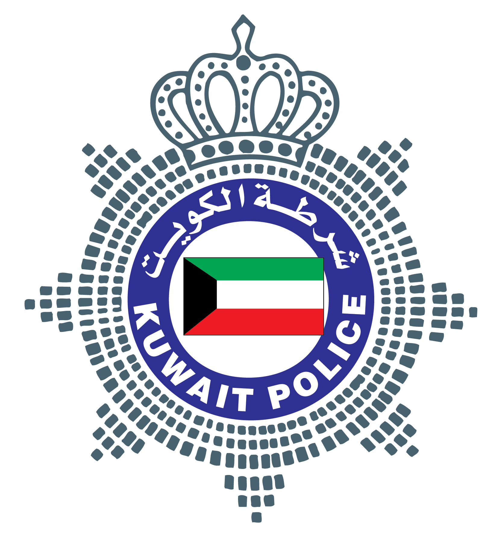 Kuwait Police emblem featuring a central Kuwait flag, Arabic and English text, a crown on top, and a decorative border on a black background.