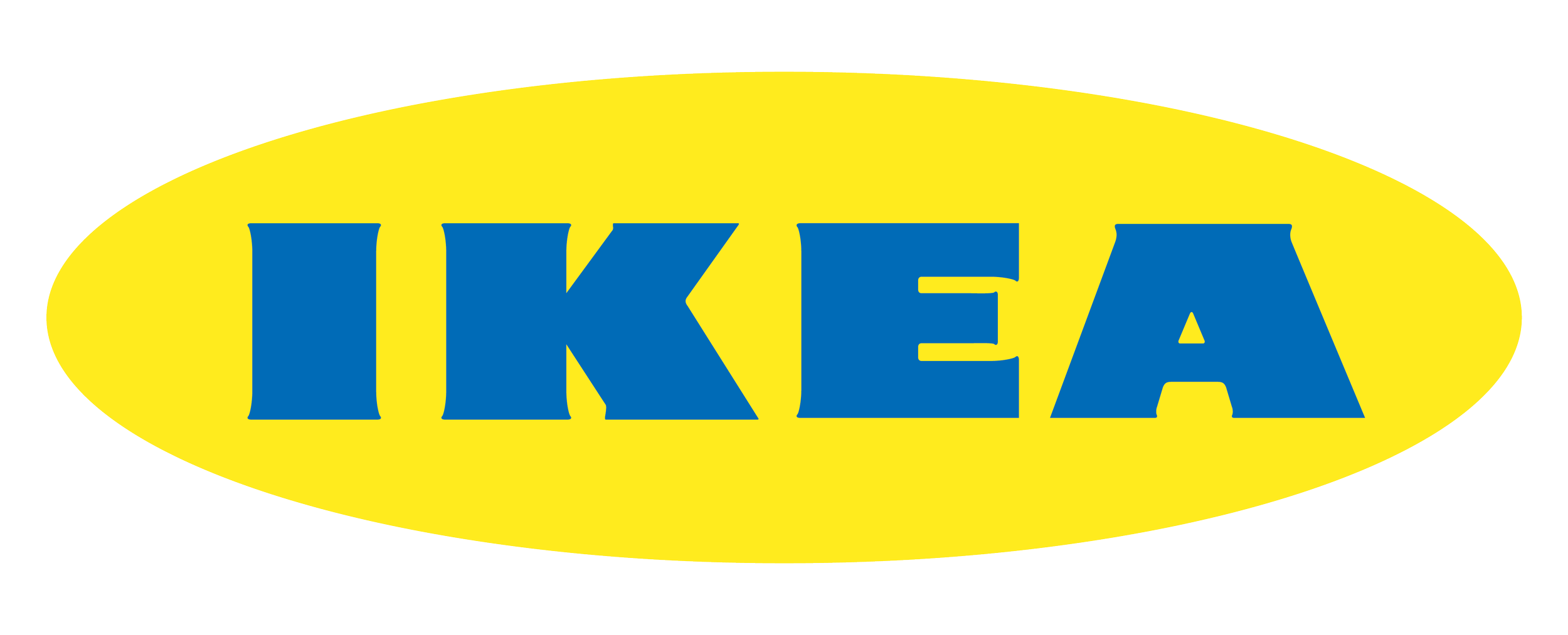 IKEA logo with blue text inside a yellow oval background