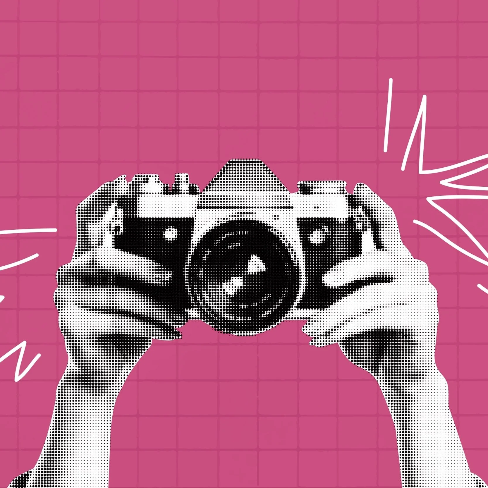 Illustration of hands holding a vintage camera against a pink grid background with white abstract line art.