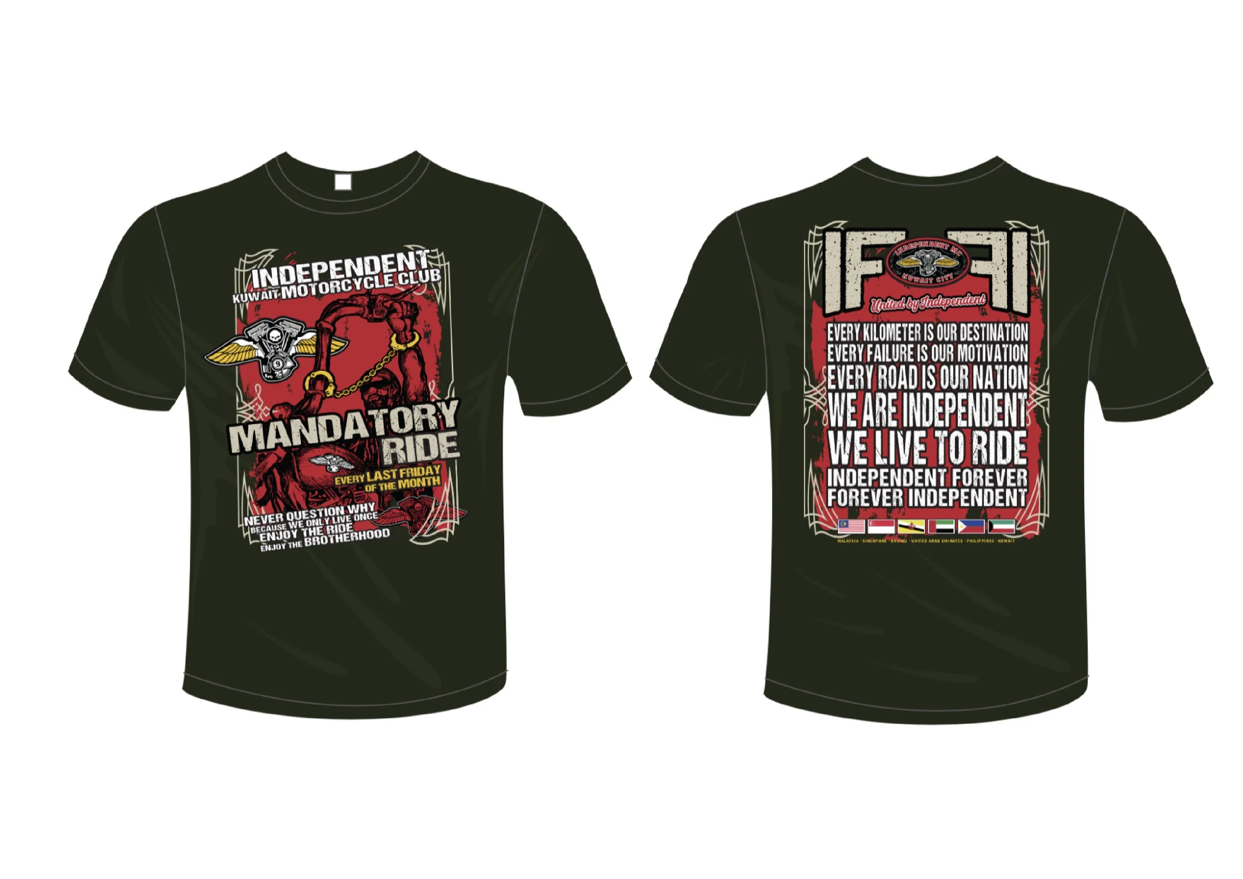 Black t-shirt featuring motorcycle club graphics and text promoting independent motorcycle riding and brotherhood, with slogans and flags from various countries.