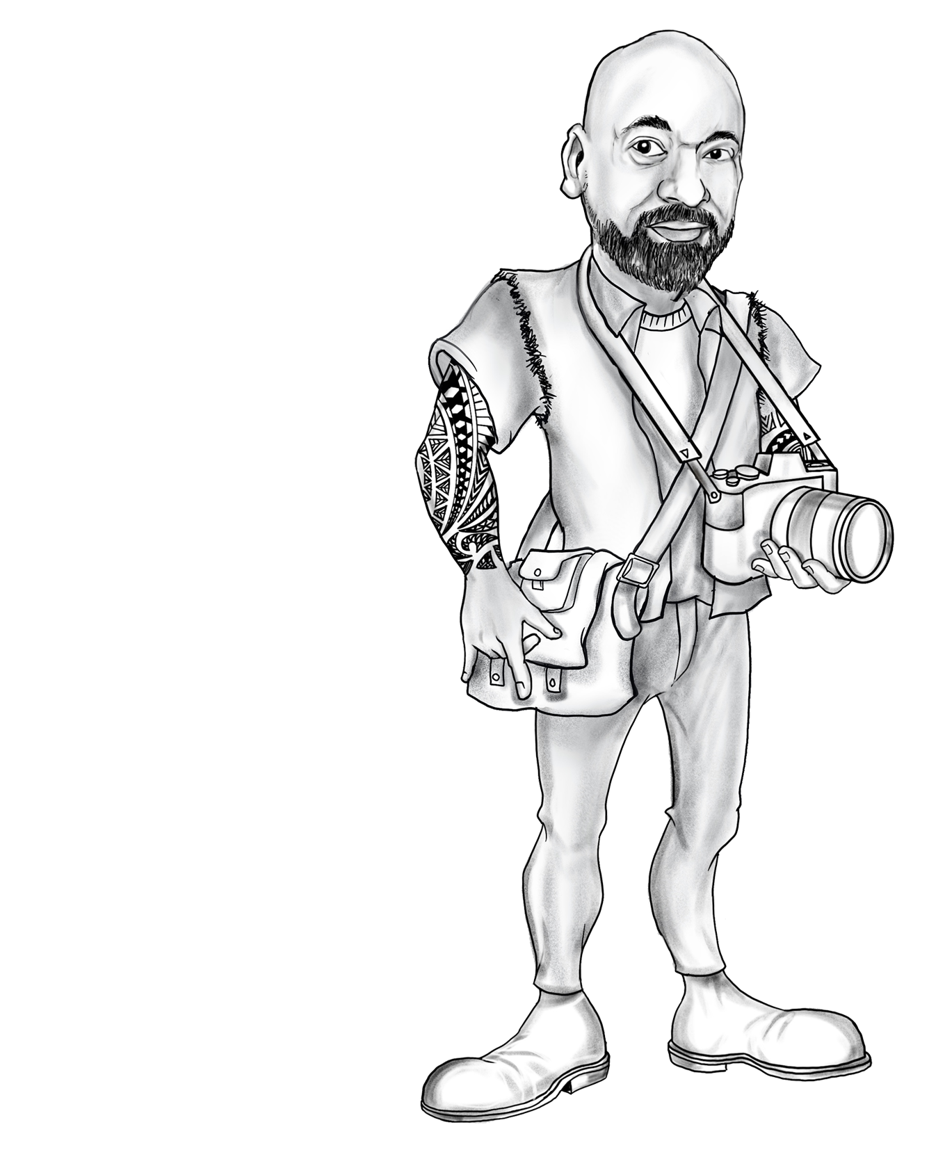 Line drawing of a bald man with a beard and tribal tattoo on his right arm, wearing a vest, jeans, and boots. He has a camera hanging from his neck, a shoulder bag, and holds a camera lens in his left hand.
