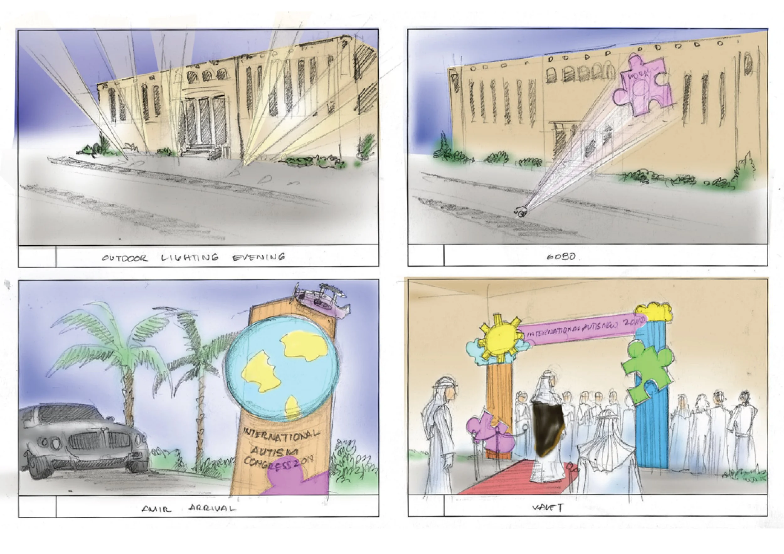 Four sketches depicting scenes from an international autism congress. The first sketch shows outdoor lighting at dusk illuminating a large building. The second sketch shows a spotlight projecting a pink puzzle piece with the word 'WOULD' onto the bui