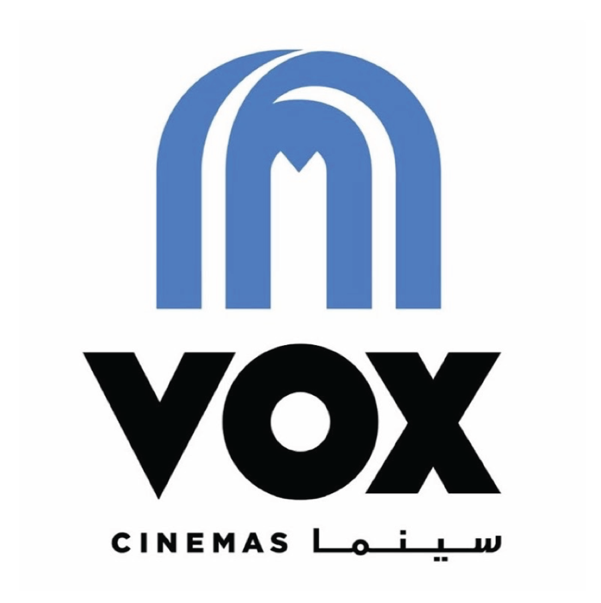 VOX Cinemas logo with a stylized blue 'V' and black text reading 'VOX' and 'Cinemas' in both English and Arabic.