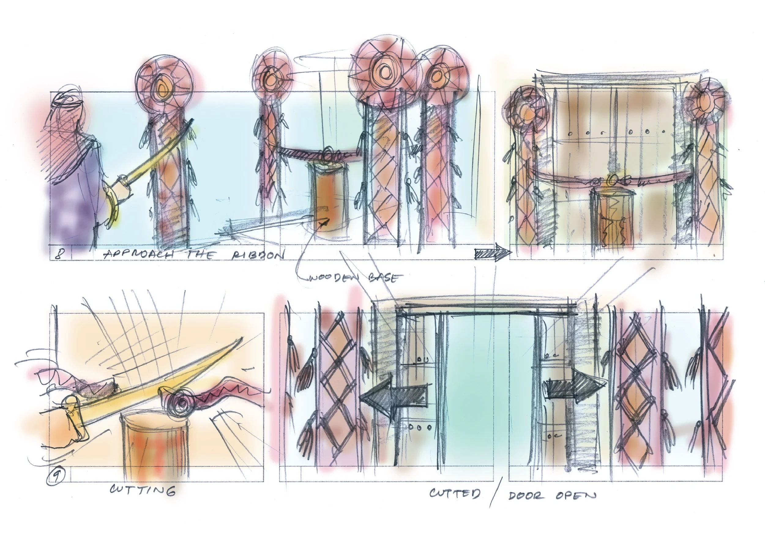 Sketch of a stage design with floral decorations, wooden bases, and arrows indicating movement or directions, along with notes on procedures such as approaching the ribbon, cutting, and door access.