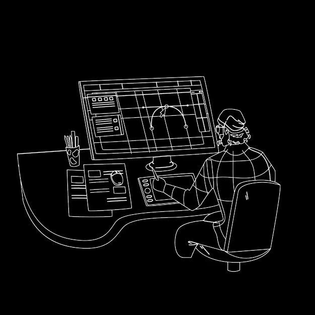 Line drawing of a person working at a desk with a computer displaying a technical diagram or graphic, alongside scattered papers, a pen holder, and other office supplies.