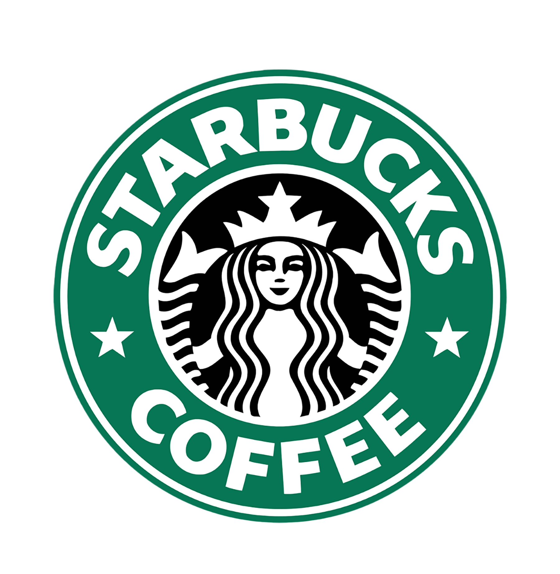 Starbucks Coffee logo with green circle, white text, and black and white siren face in the center.