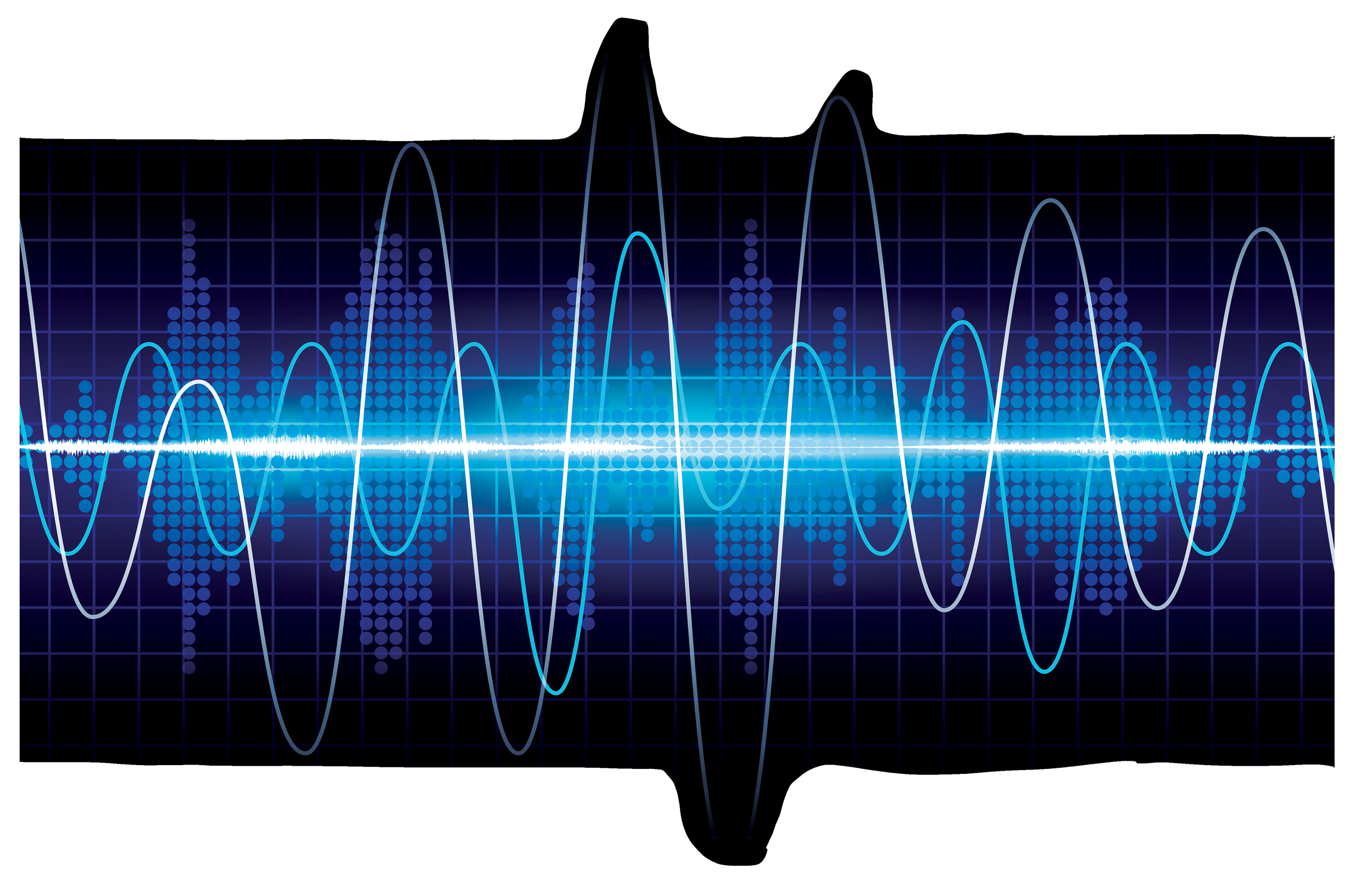 Digital visualization of sound waves with bright blue waveform and dots, set against a dark grid background.