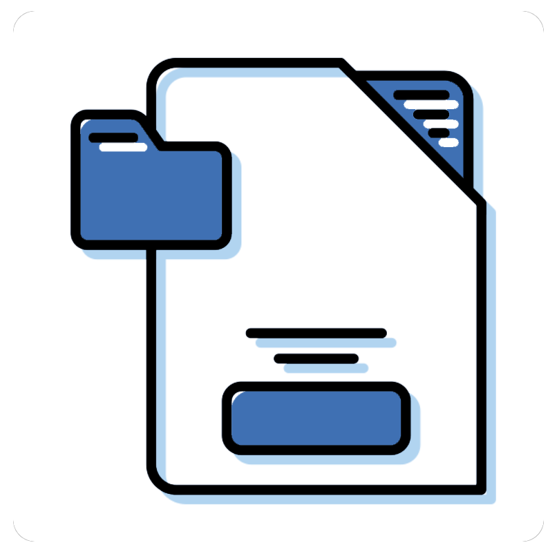 Icon of a digital file with a blue folder attached to it.