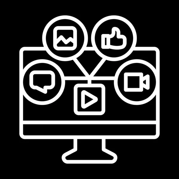 Icon of a computer screen with social media and communication symbols, including a graph, thumbs up, speech bubble, video camera, and play button.