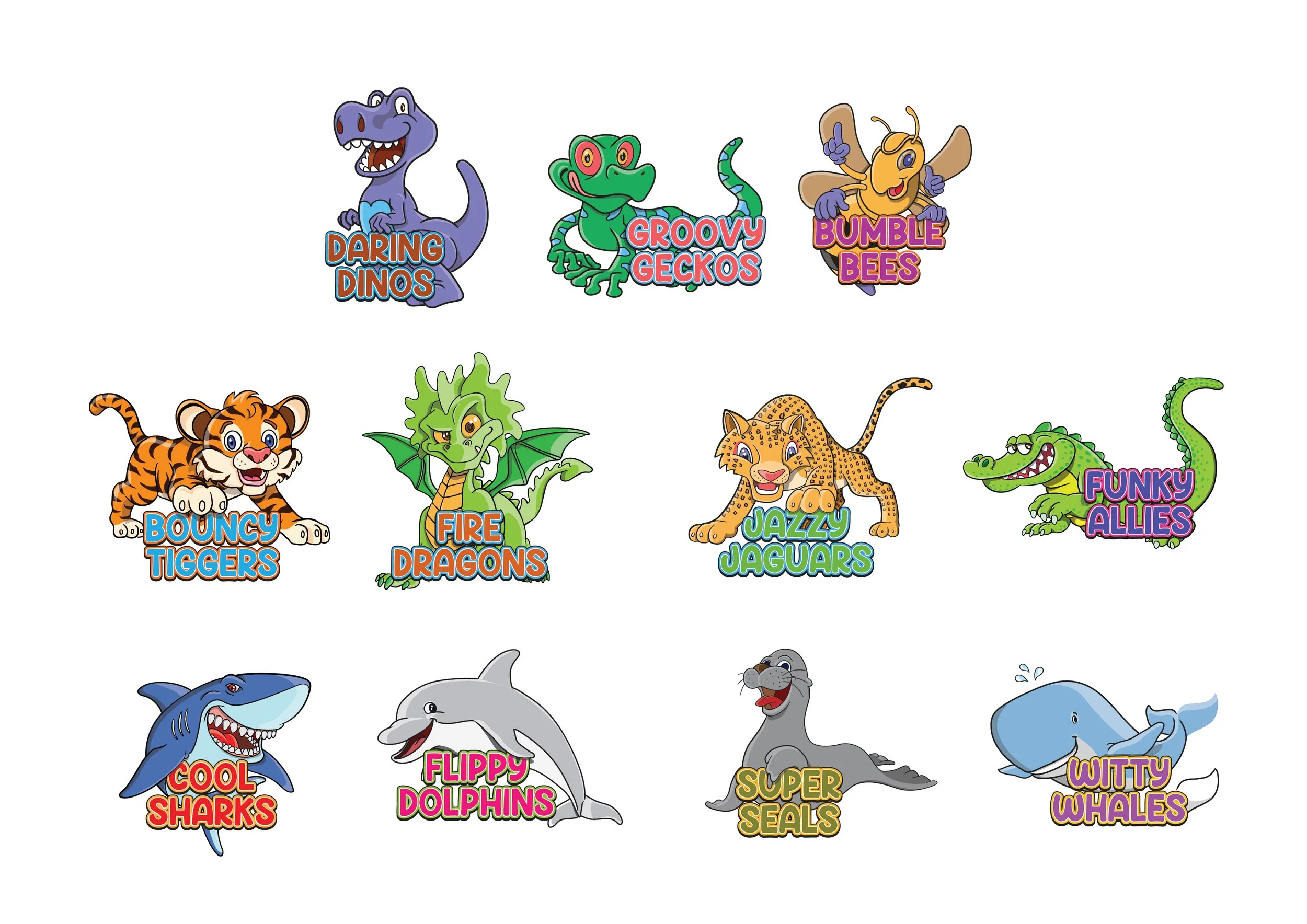 Collection of colorful cartoon animal characters with names and descriptions: a T-Rex dinosaur labeled 'Daring Dinos,' a gecko labeled 'Groovy Geckos,' a bee labeled 'Bumble Bees,' a tiger cub labeled 'Bouncy Tiggers,' a green dragon labeled 'Fire Dr