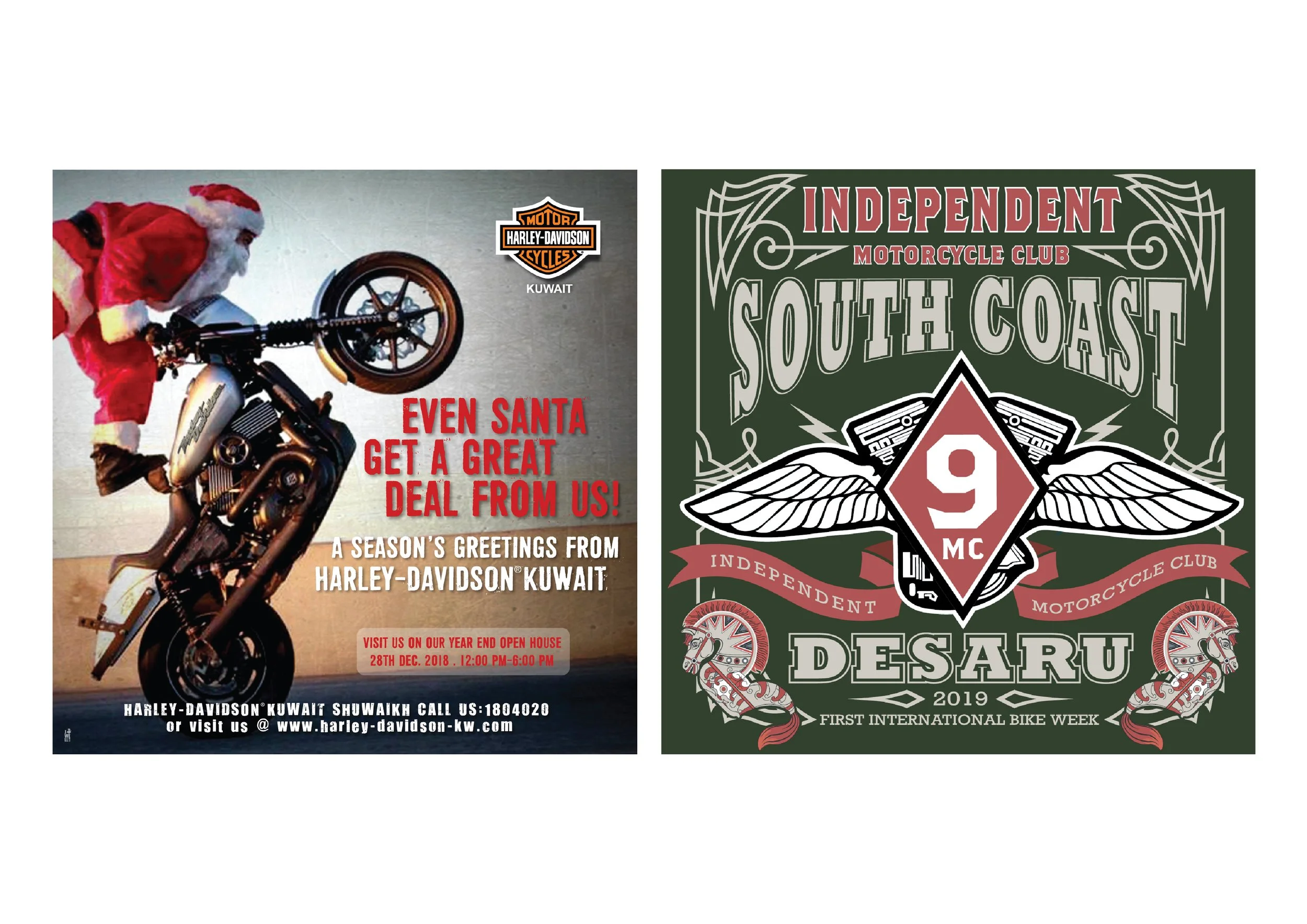 Holiday-themed poster featuring a person in a Santa suit performing a wheelie on a Harley-Davidson motorcycle, with promotional text and Harley-Davidson logo; adjacent is a green and red graphic for South Coast Motorcycle Club's 2019 motorcycle event