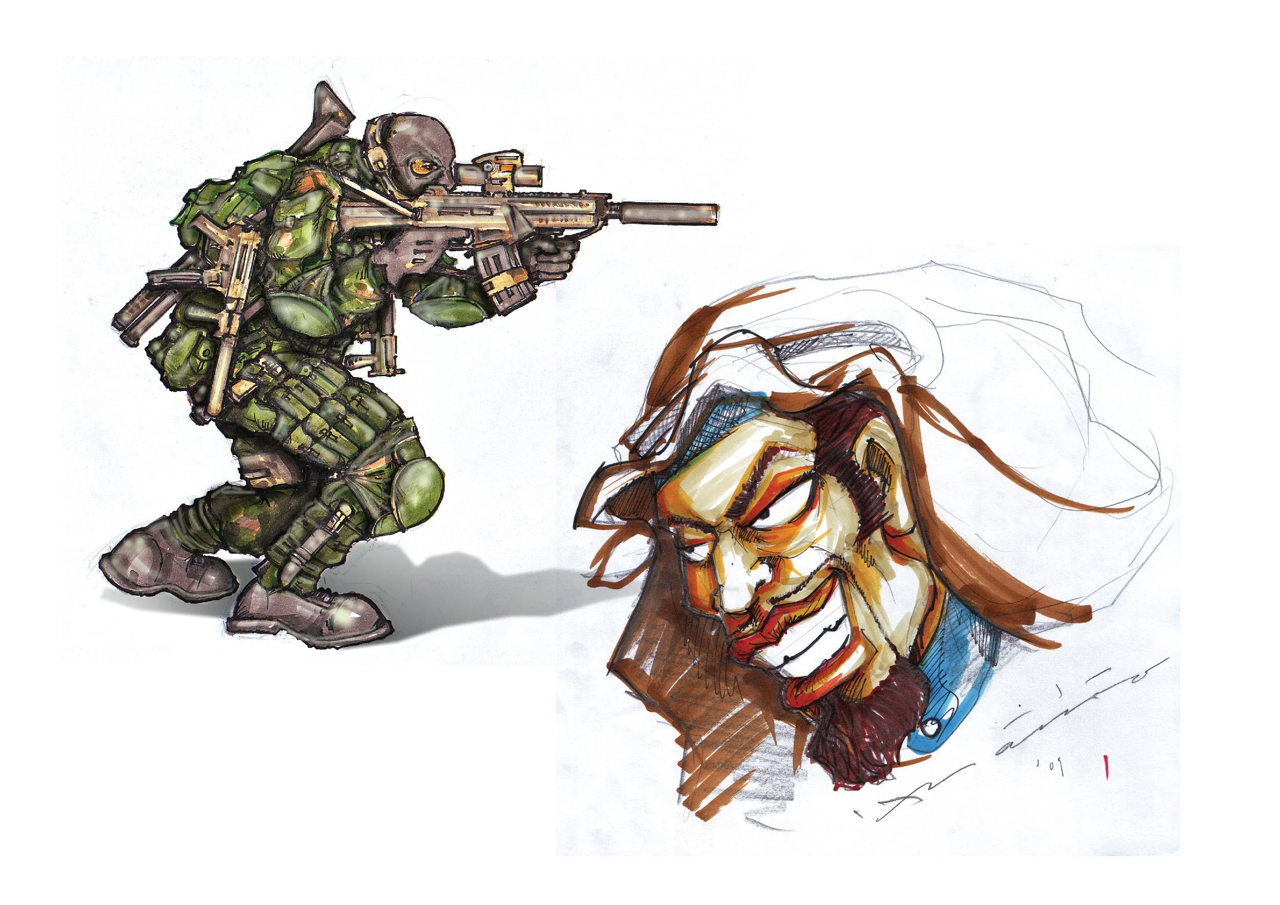 A detailed colored sketch of a soldier in camouflage gear aiming a rifle, and next to it, a rough sketch of a sinister, smiling man's face with long hair and a beard, drawn with colored markers and ink.