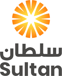 An orange and white stylized sun logo above gray Arabic and English text that reads 'Sultan' and 'سلطان'.