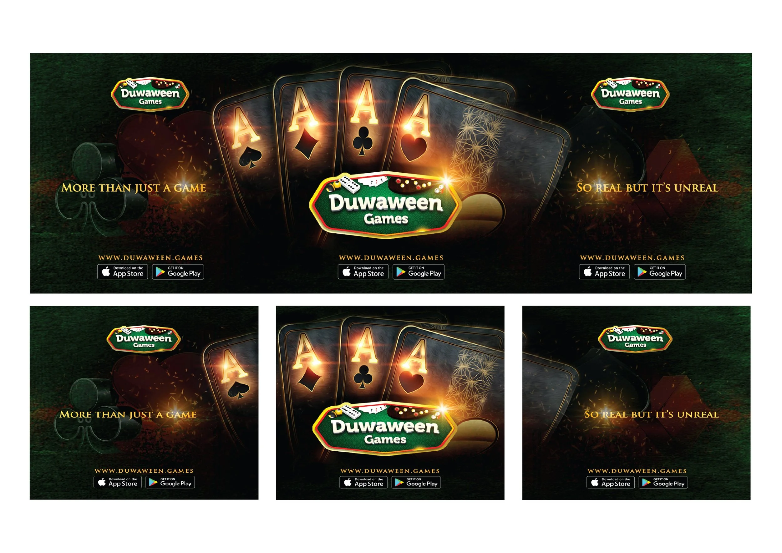 Social media advertisement for Duwaneen Games showcasing playing cards and dice, with slogans 'More than just a game' and 'So real but it's unreal', logos for app stores, and website URL.