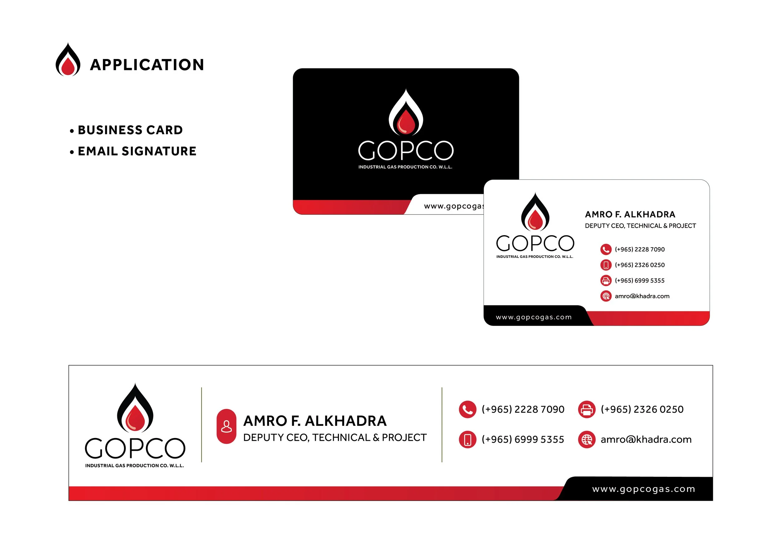Design mockups of a business card and email signature for GOPO, an industrial gas production company. The cards feature a black, red, and white color scheme, with the GOPO logo—a red and black droplet—along with contact details for Amro F. Alkhadra.