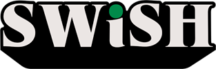 Swish logo in black and white with green dot above the 'i'