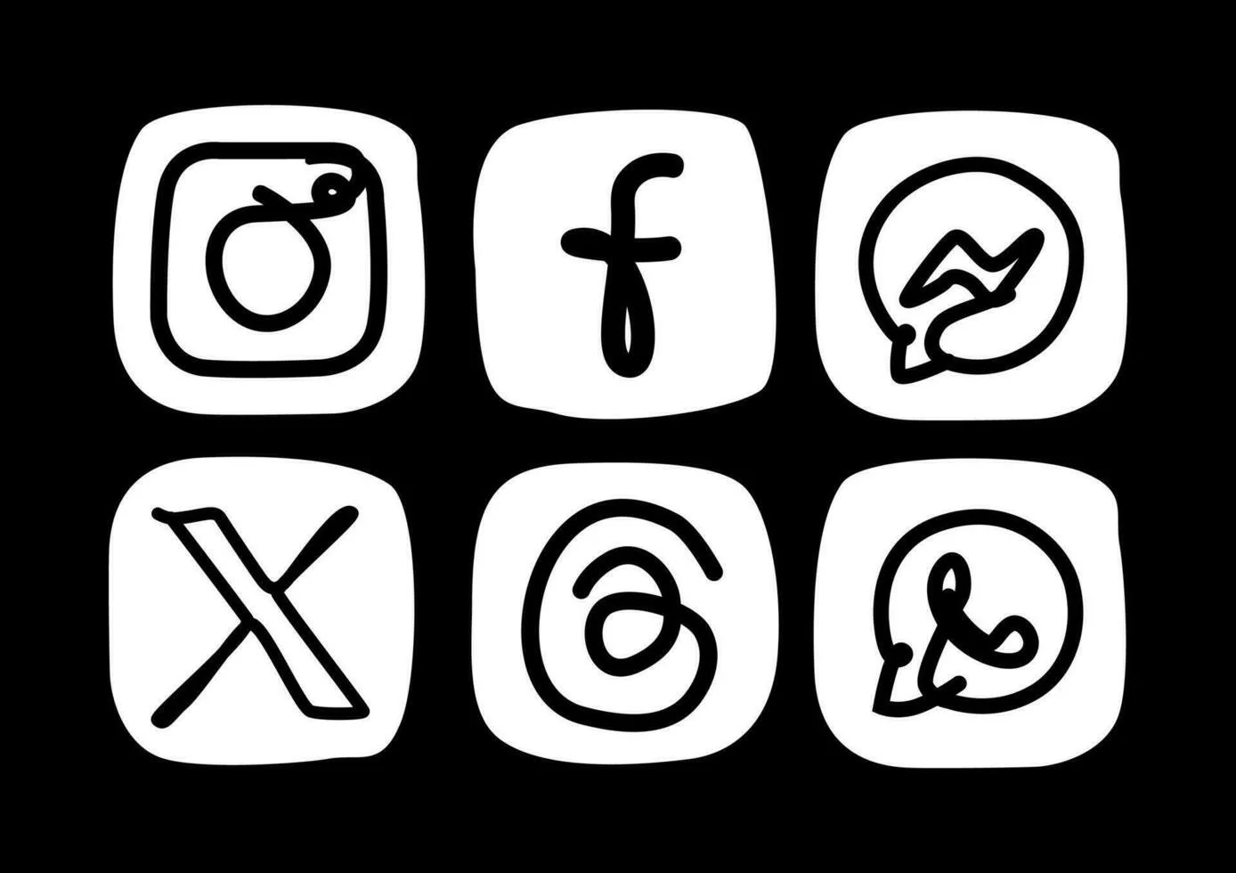 Six black and white icons of social media and messaging platforms, including Instagram, Facebook, Messenger, X, WhatsApp, and TikTok.