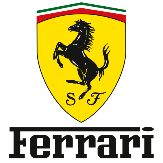 Ferrari logo with a black prancing horse on a yellow shield, with 'S F' at the bottom, and green, white, and red stripes at the top.
