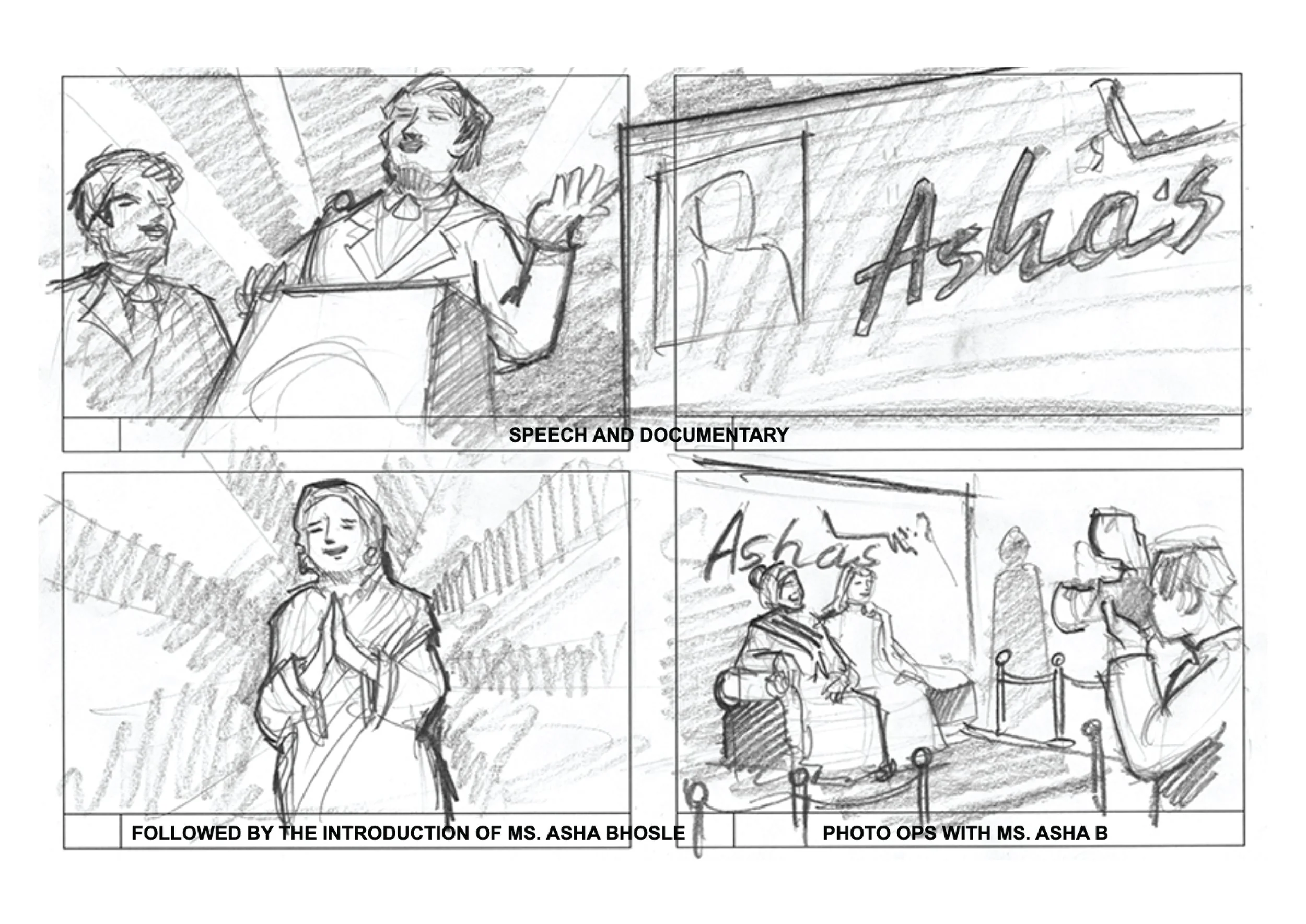 Sketches of scenes from a speech and documentary titled 'Asha's'. Top left shows a person speaking at a podium with another person beside them. Top right displays a sign reading 'Asha's'. Bottom left features a woman with hands clasped as if praying 