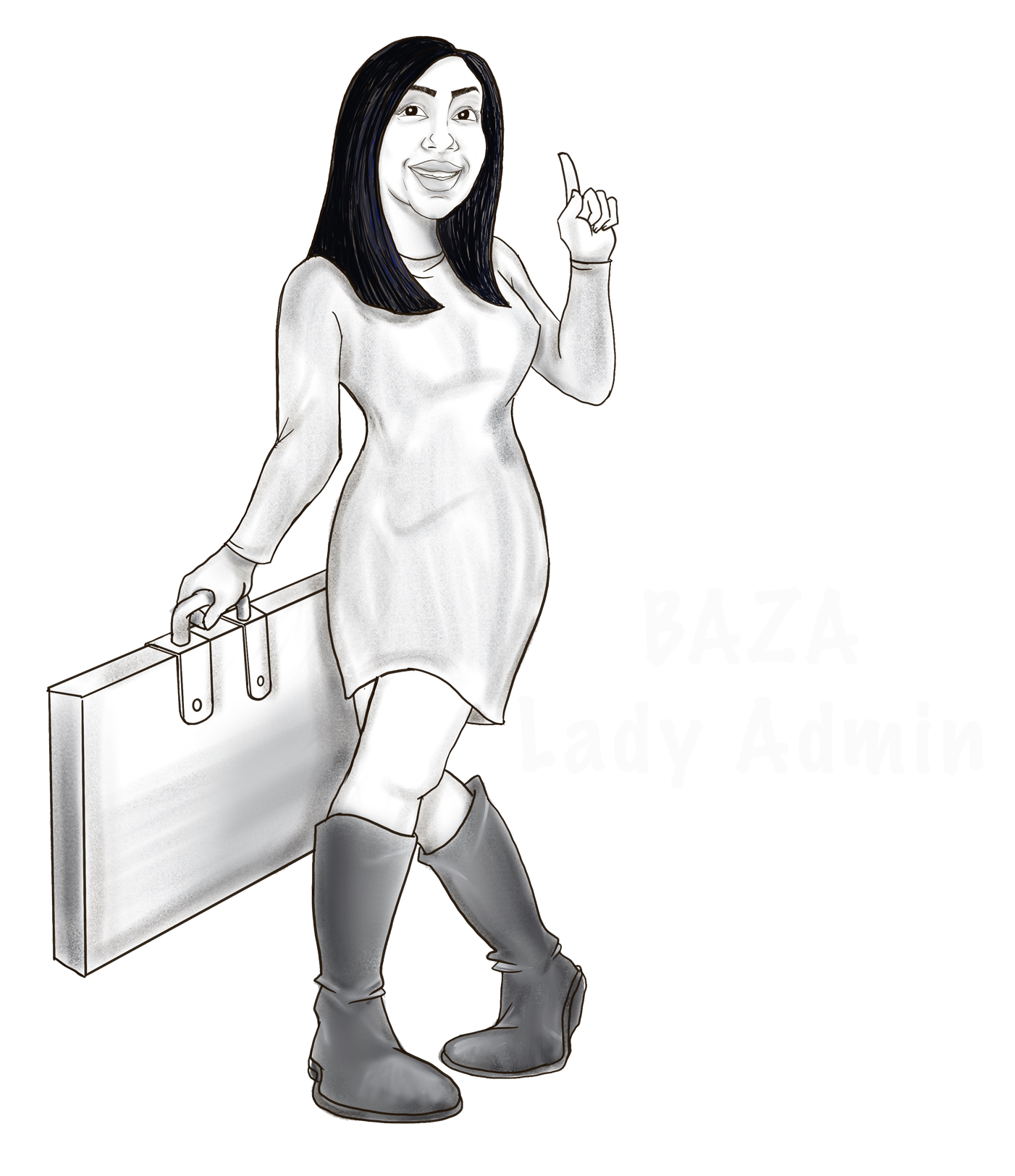 Cartoon woman in dress and boots holding a briefcase, pointing upward.