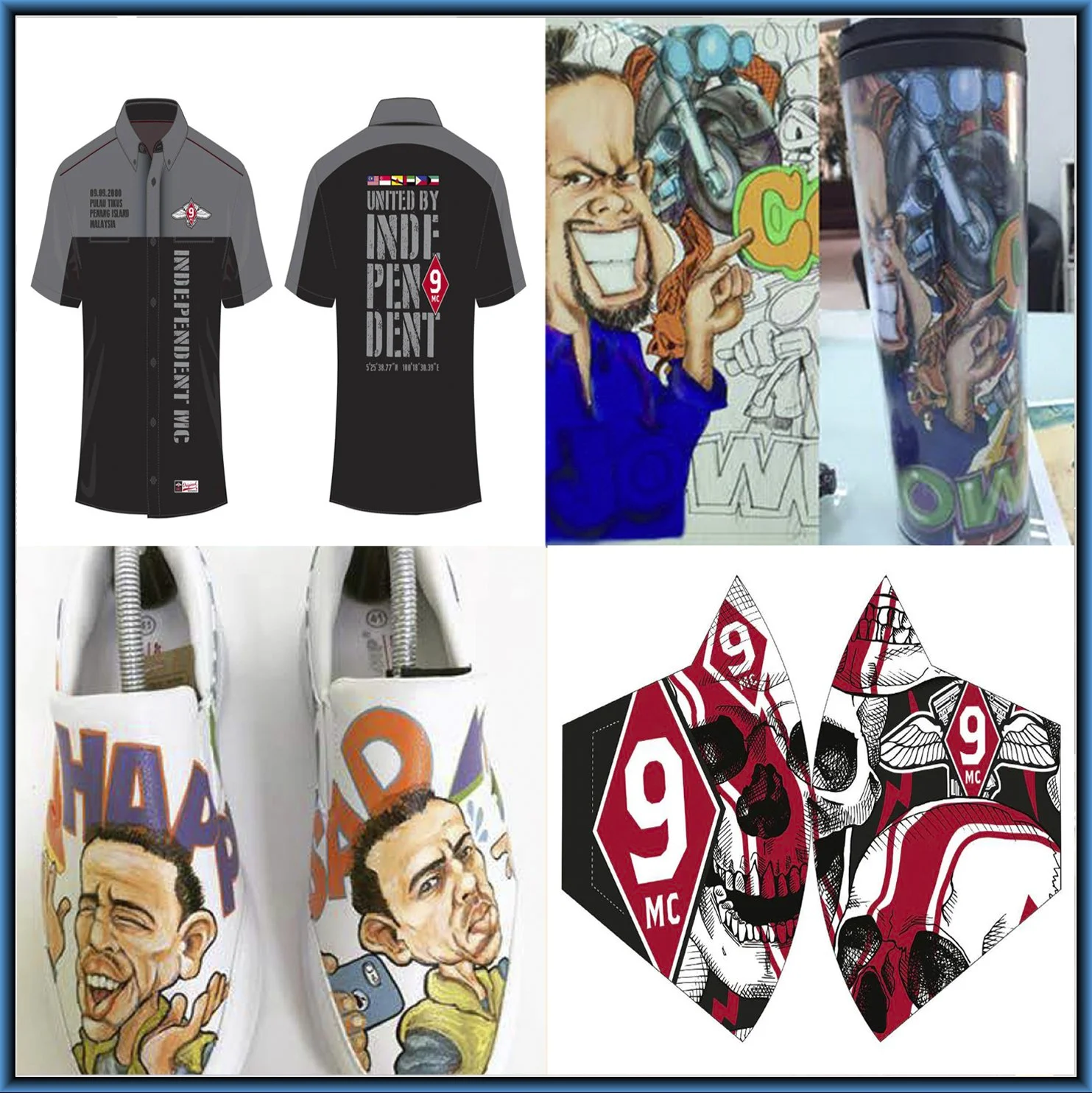 Collage of four images of symbols and artwork related to the number 9 MC, including a men's shirt, skateboard shoes, a fan art poster of a man, and a face mask with skull designs.