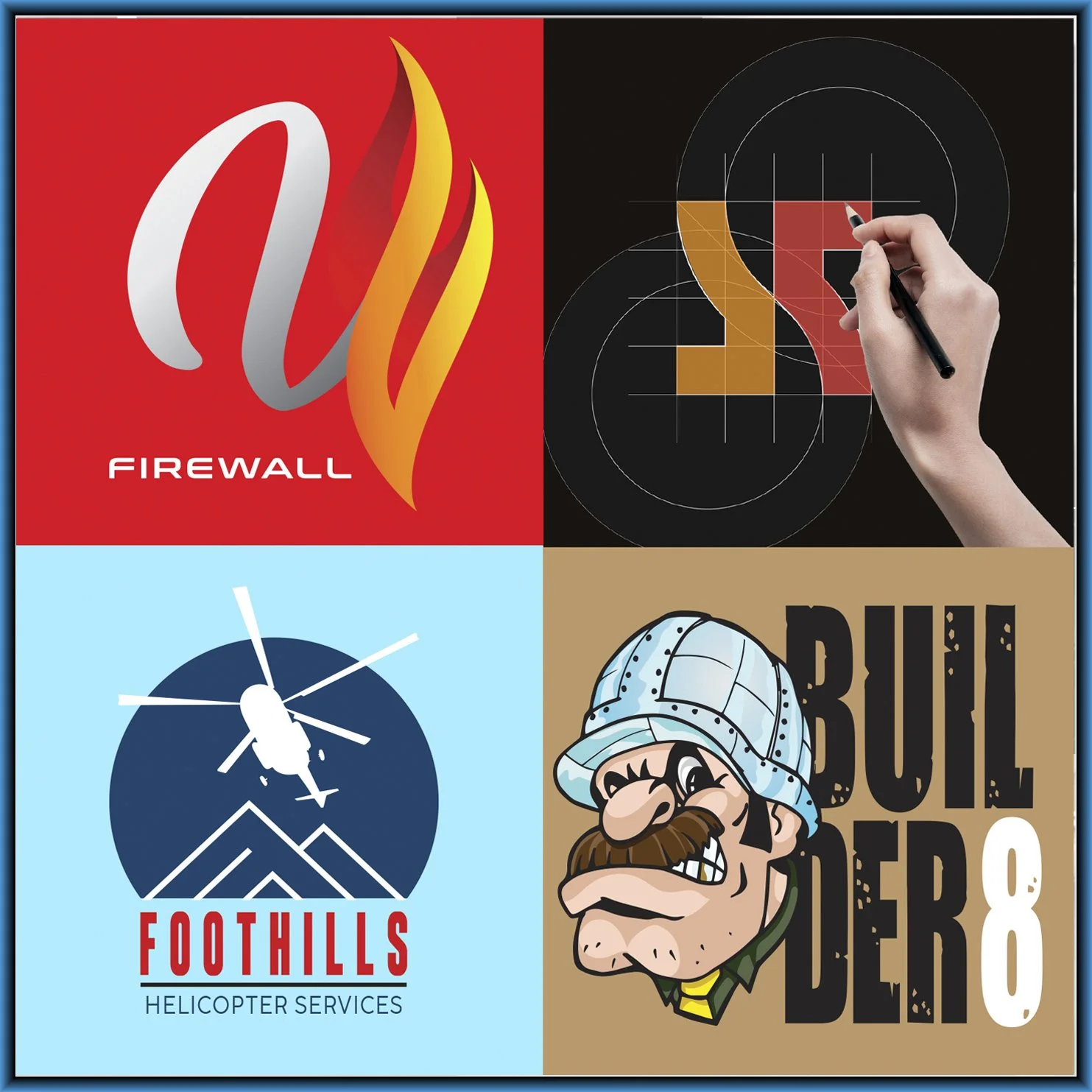 A collage of four images: a logo for Firewall with a stylized flame, a hand sketching a logo design, a helicopter flying over mountains with the text Foothills Helicopter Services, and a cartoon character with a helmet and a mischievous grin with the text Build Dero 8.