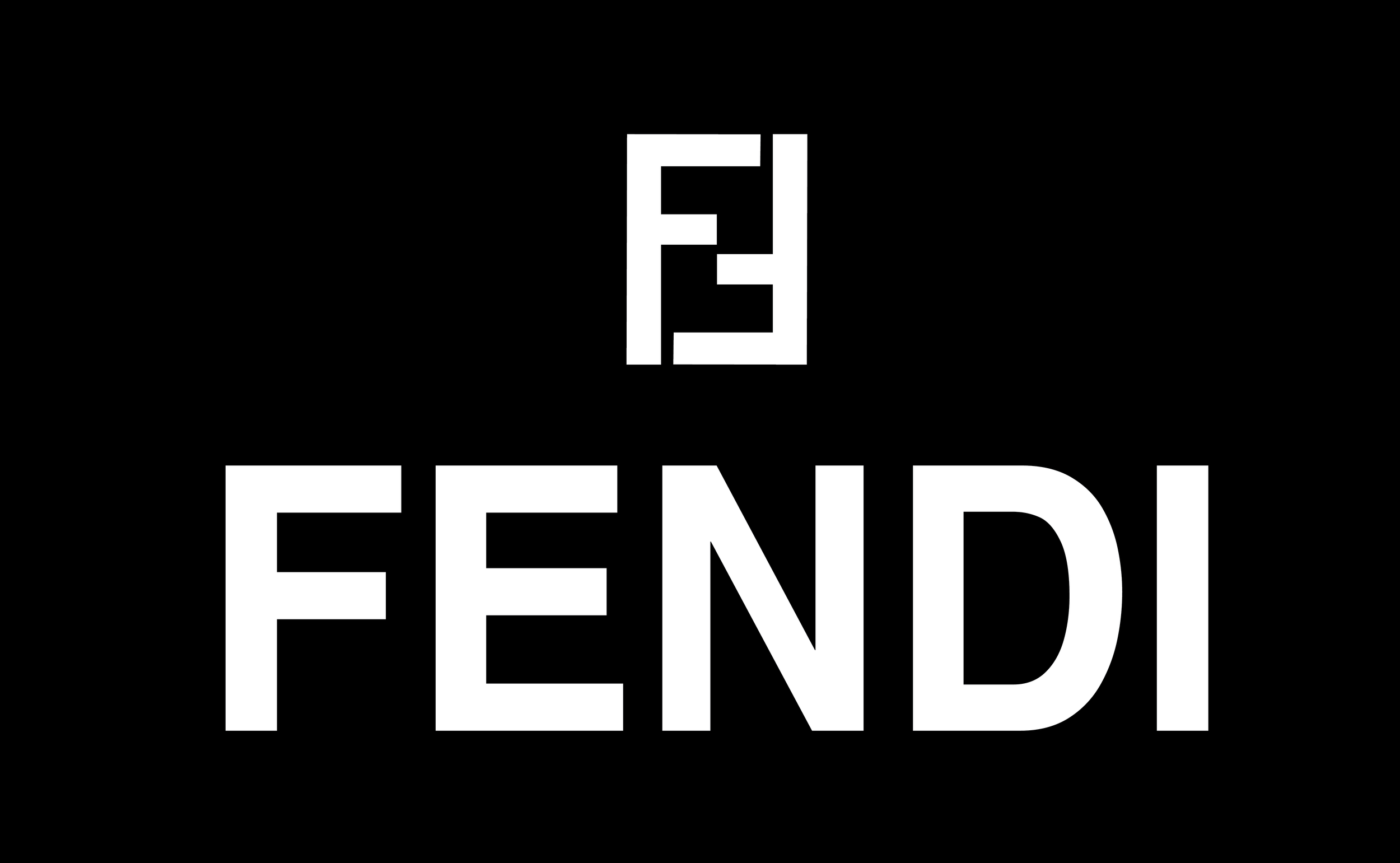 Fendi logo in black and white with a stylized 'F' symbol above the brand name.