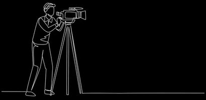 Outline of a person operating a video camera on a tripod.