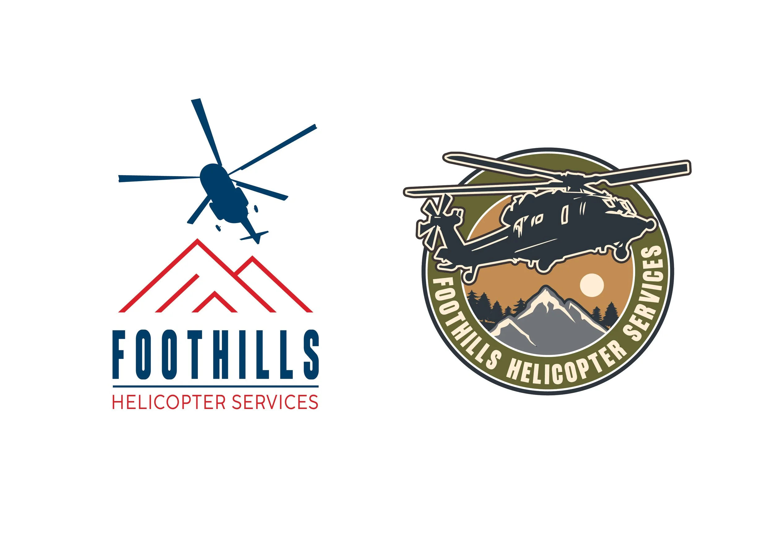 Two logos: one for Foothills Helicopter Services with a helicopter flying above red stylized mountain peaks, and the other for Foothills Helicopter Services featuring a helicopter flying over mountains with a sunset or sunrise and a forest scene.