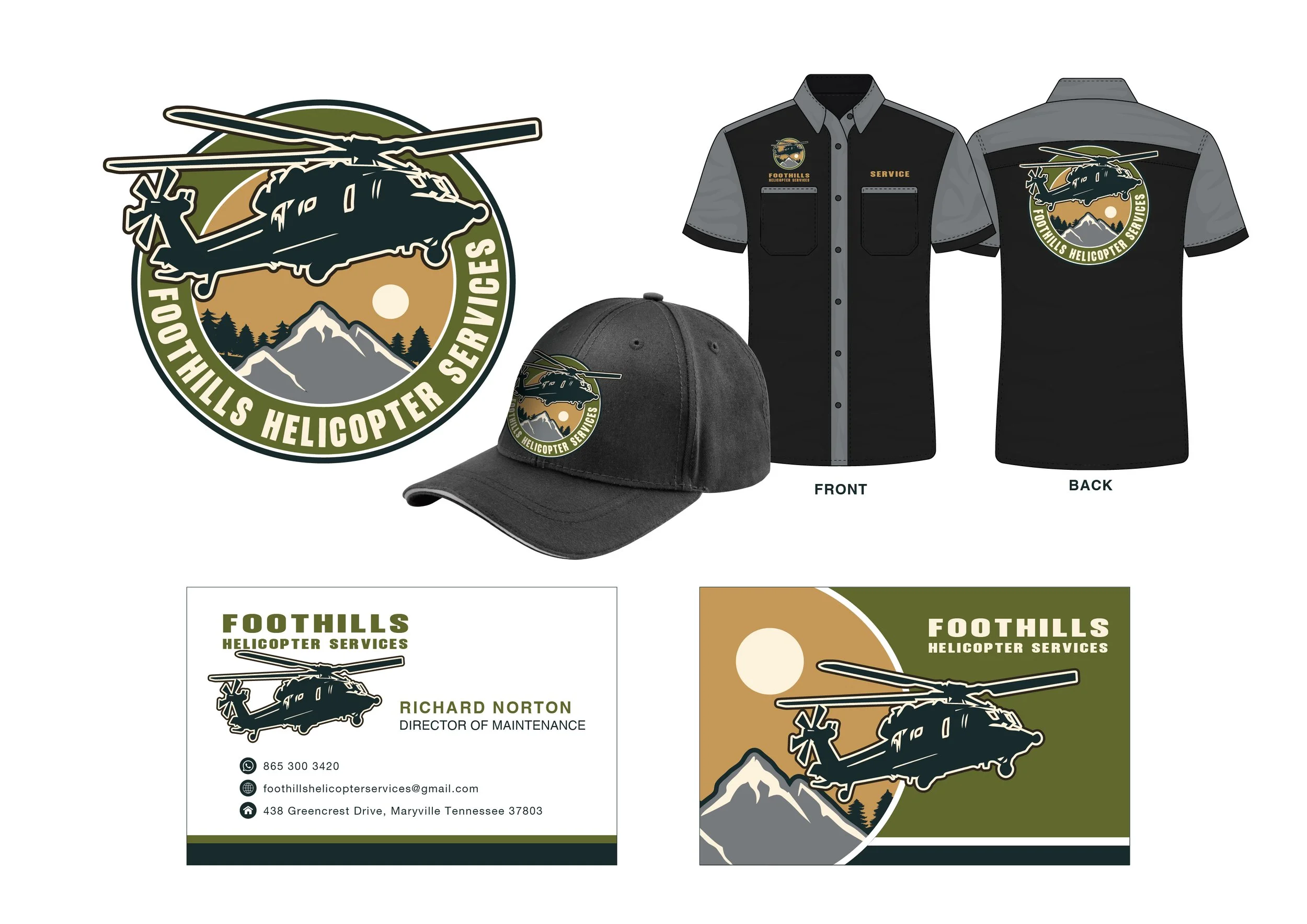 Branding materials for Foothills Helicopter Services including a logo with a helicopter flying over mountains and trees, a black cap with the logo, a black and gray uniform shirt with the logo and service label, a business card for Richard Norton, an