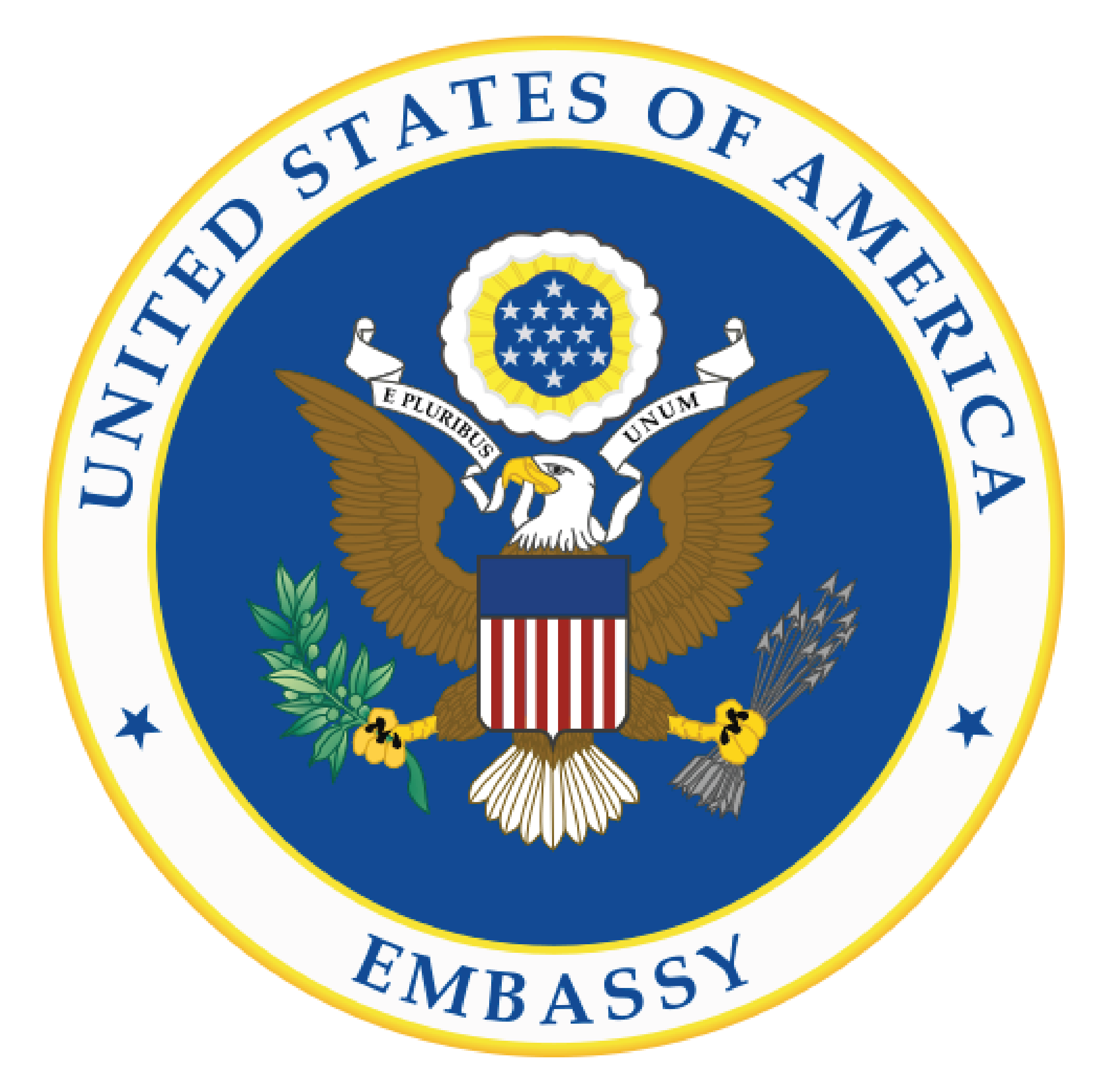 The seal of the U.S. Department of State, featuring an eagle holding an olive branch and arrows, with a shield on its chest, encircled by a blue border with white text reading 'United States of America' and 'Embassy'.