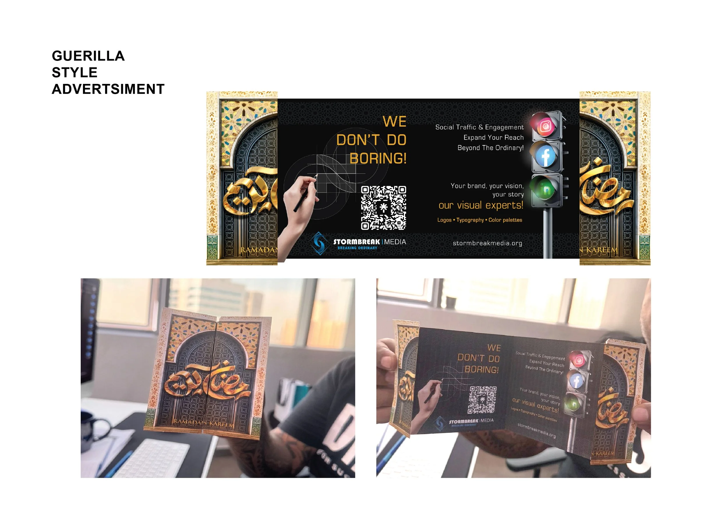 Three images featuring a Ramadan greeting card and a marketing flyer. The flyer displays a QR code, social media icons, and promotional text for Stormbreak Media, with an ornate Islamic architectural background. The greeting card has intricate Islami