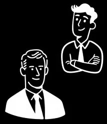 Line art illustration of two men, one with arms crossed, smiling, and the other sitting and looking at him, both in business attire.
