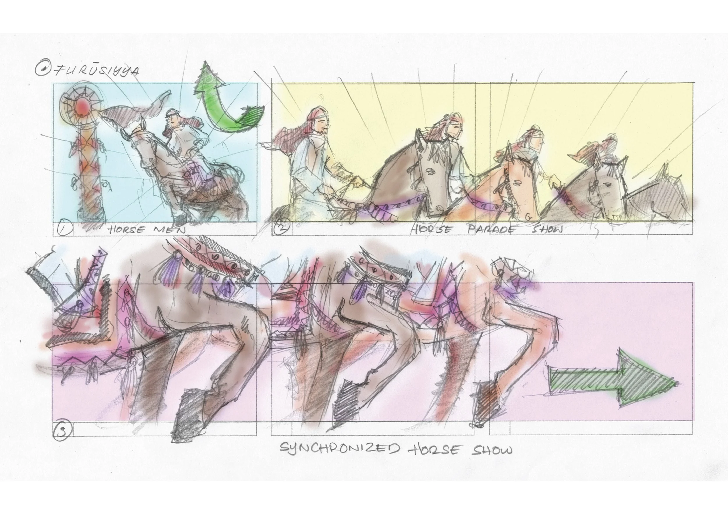 A series of five colored sketches depicting a horse parade show. The first sketch shows a man on a horse near a adorned totem pole and the word 'FURIJIYA'. The second sketch shows a woman on a horse leading a group of horses during a parade. The thir