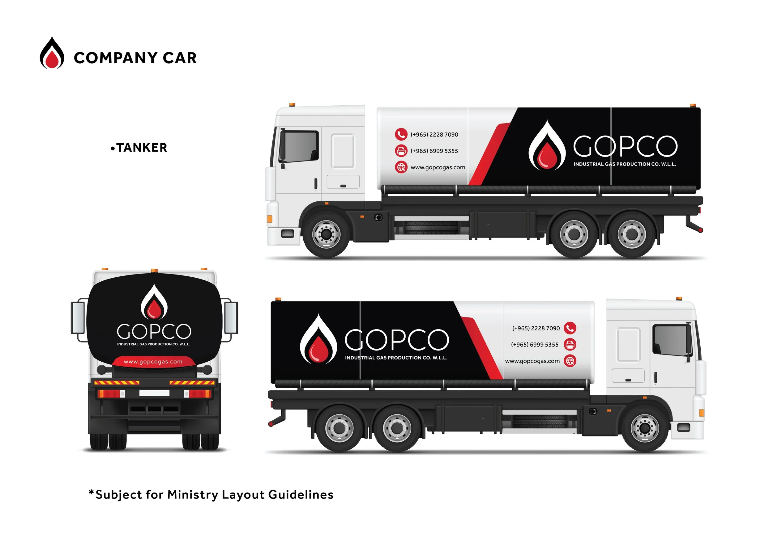 Designs for a gas company tanker truck, showing side and rear views with black, white, and red branding for GOPCO, including logo, contact information, and website.