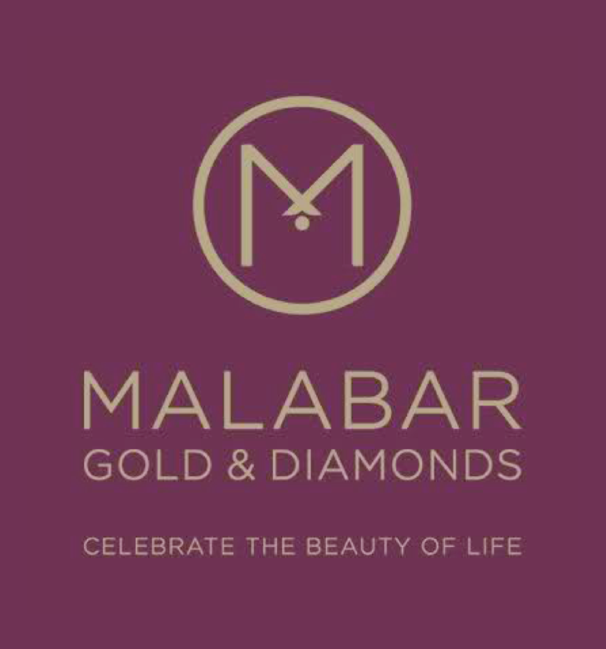 Logo for Malabar Gold & Diamonds featuring a stylized gold letter 'M' within a circle, with the text 'Malabar Gold & Diamonds' and the tagline 'Celebrate the Beauty of Life' on a purple background.