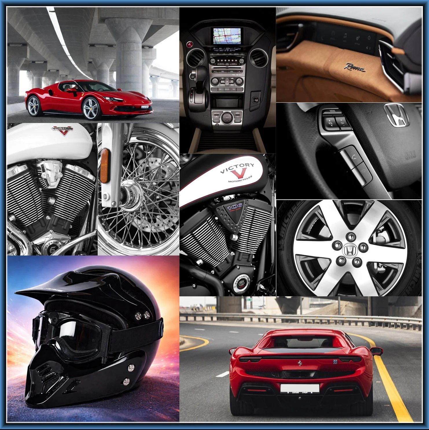 Collage of various vehicles and vehicle parts including a red sports car, motorcycle engine and frame, motorcycle helmet, motorcycle gas tank, motorcycle wheel, car dashboard, steering wheel, and a rear view of a red sports car on a highway.