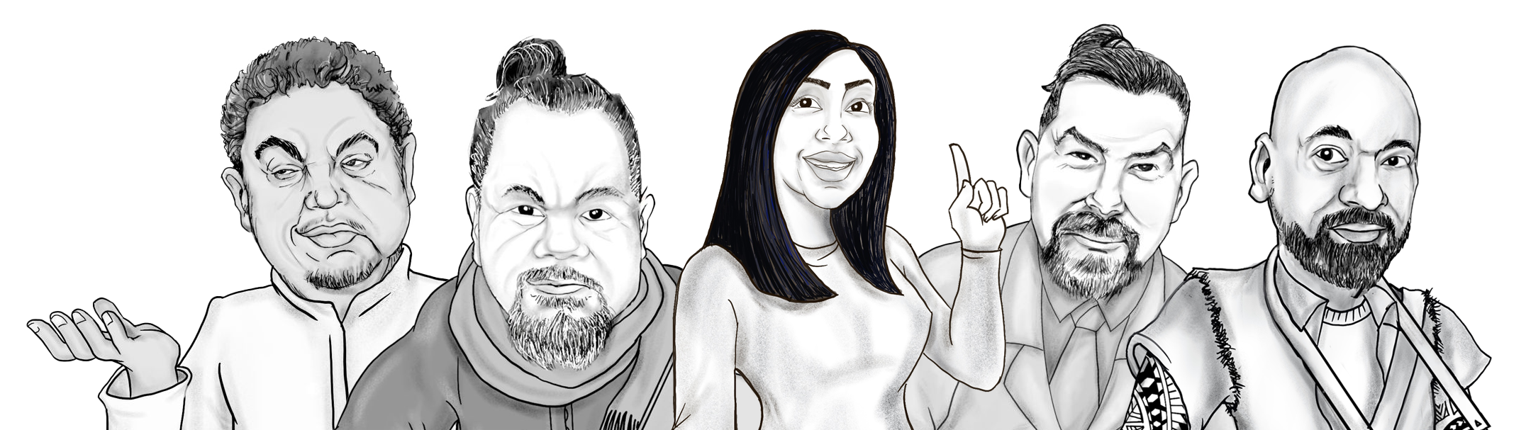Black and white digital illustration of six diverse people, some with facial hair. They are posing with friendly expressions, with one person making a peace sign and another with their hand raised.