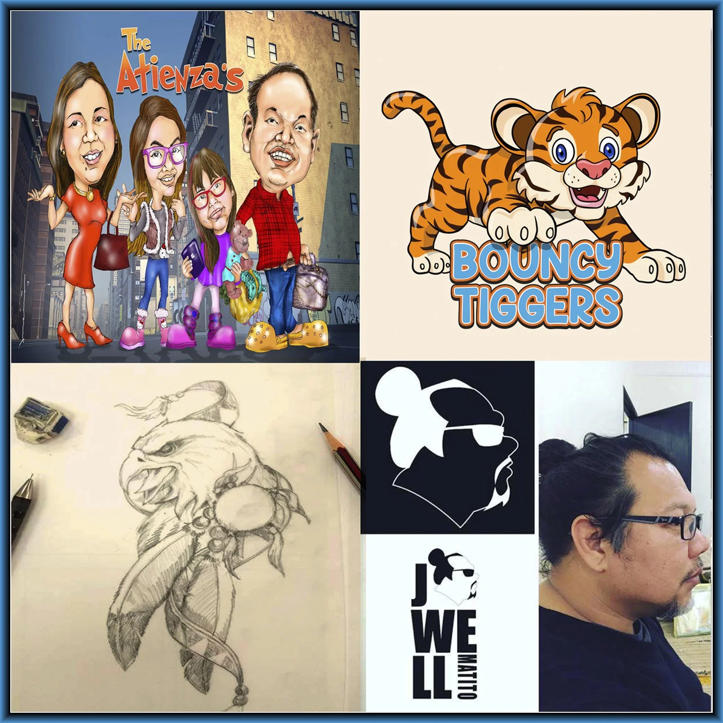 A collage of five images: a cartoon family called 'The Atienza's' standing in an urban setting, a cartoon tiger with the text 'Bouncy Tiggers,' a pencil sketch of a wolf with feathers and beads, a silhouette of a person with a bandana and glasses, and a side profile photo of a man with glasses and tied-back hair.