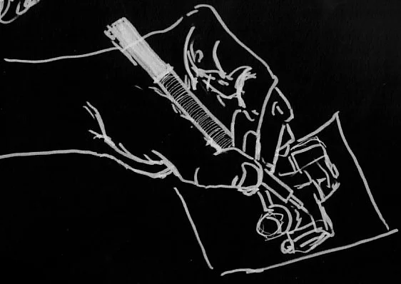 Line drawing of a hand holding a syringe, preparing to inject into a small vial.